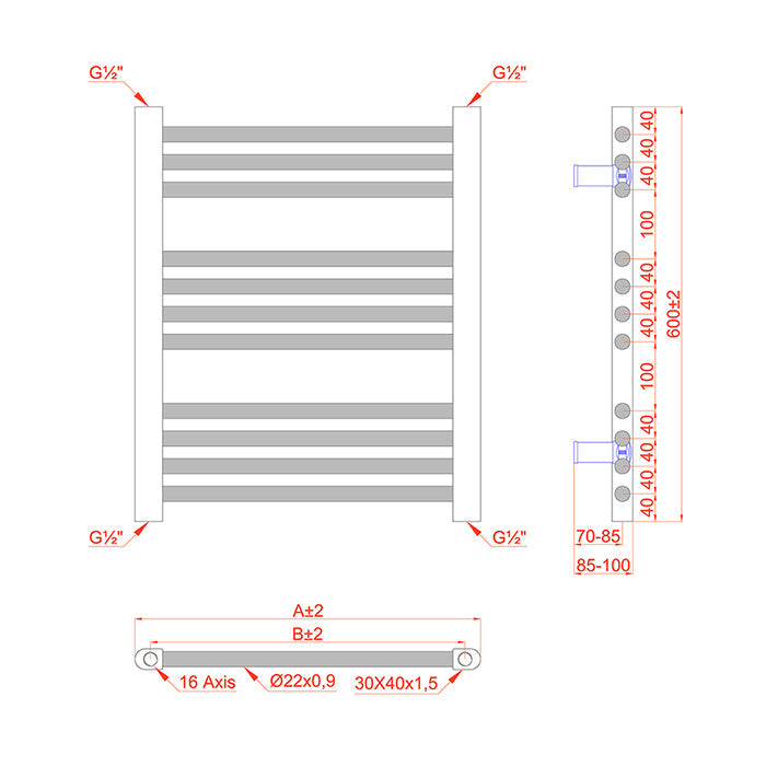 Small Dual Fuel 400mm x 600mm Straight Matt Matt Black Heated Towel Rail - (incl. Valves + Electric Heating Kit)