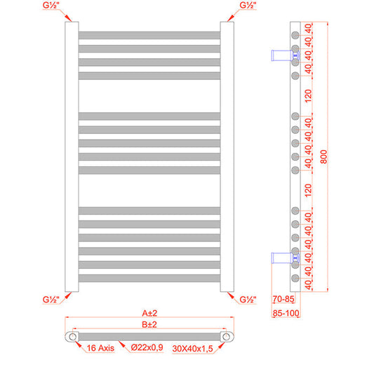 Small Dual Fuel 500mm x 800mm Shiny Gold Heated Towel Rail Radiator- (incl. Valves + Electric Heating Kit)
