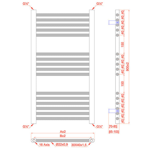 Small Dual Fuel 400mm x 900mm Shiny Gold Heated Towel Rail Radiator- (incl. Valves + Electric Heating Kit)