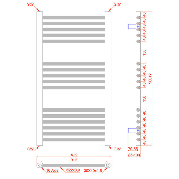 Small Dual Fuel 450mm x 900mm Straight Matt Matt Black Heated Towel Rail - (incl. Valves + Electric Heating Kit)