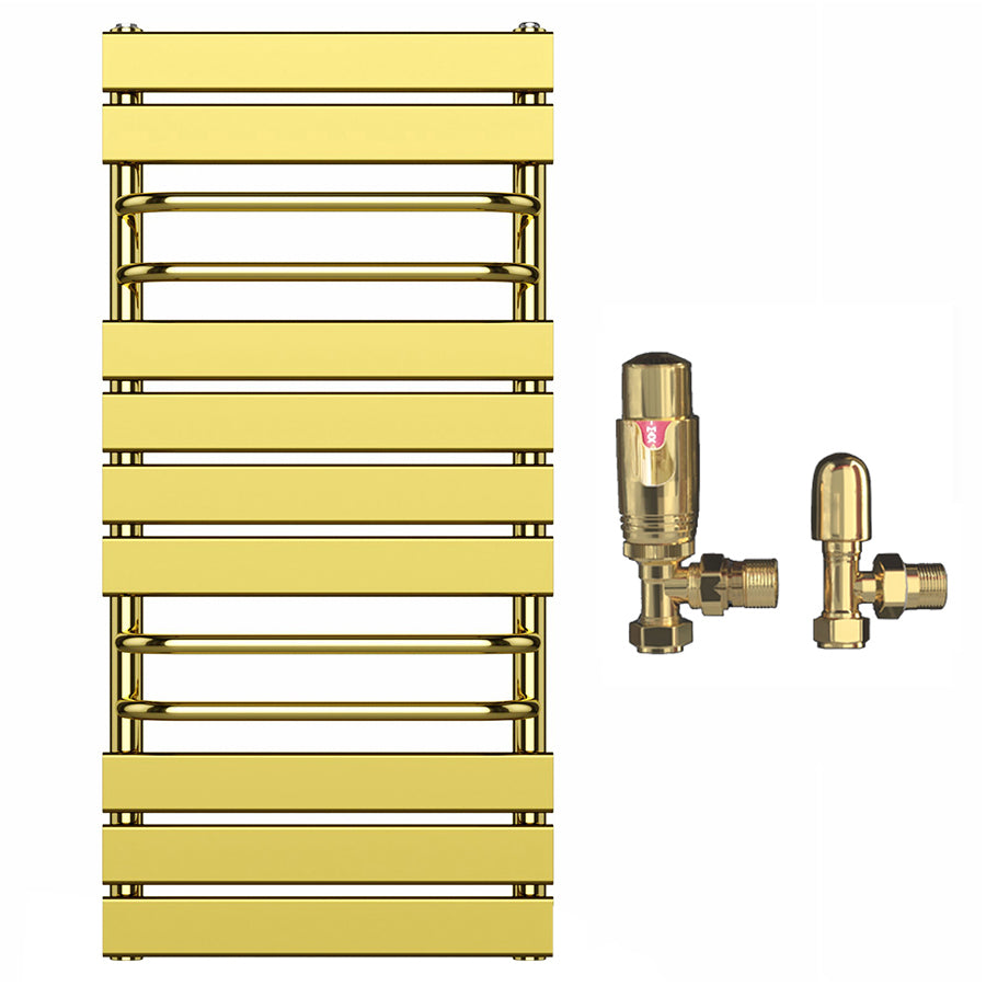 500mm Wide  x 1000 mm High Designer Flat Gold Heated Towel Rail Radiator With Towel Holders