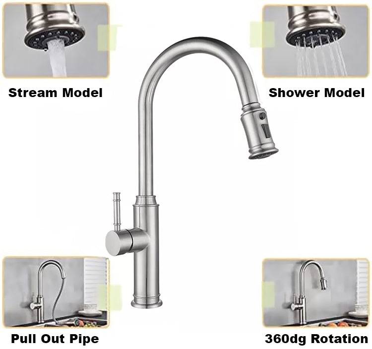 Stainless Steel Kitchen Faucet 360 Flexible Pull Out Hose Dual Spray Chrome Tap Mixer Model KPY-38216
