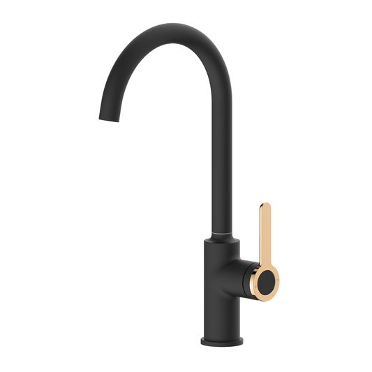 Elegant Black Brass Bathroom Tap With a Swivel Head 360 and a Gold Detail KPY-7431-M7126
