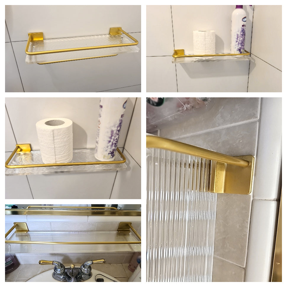 Bathroom Shelf Towel Hanger Gold Detail Transparent Wall Mounted Shelf Organizer