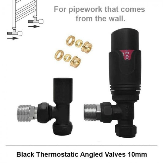 Standard Matt Black Angled Thermostatic Radiator Valves 10mm Pair