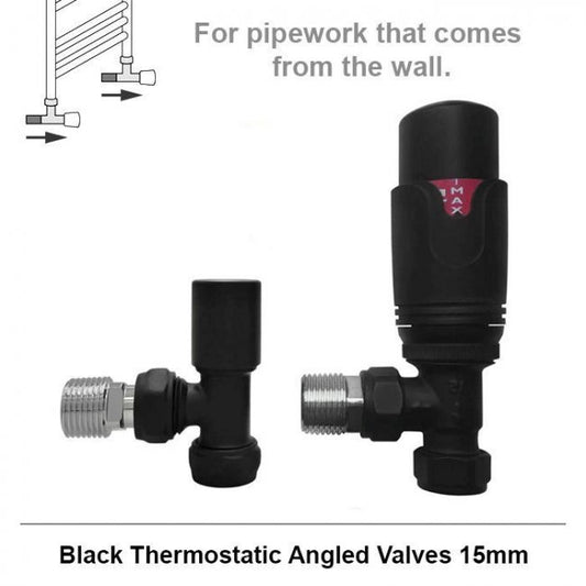 Standard Matt Black Angled Thermostatic Radiator Valves 15mm Pair