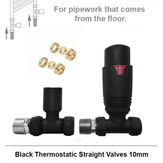 Standard Matt Black Straight Thermostatic Radiator Valves 10mm Pair