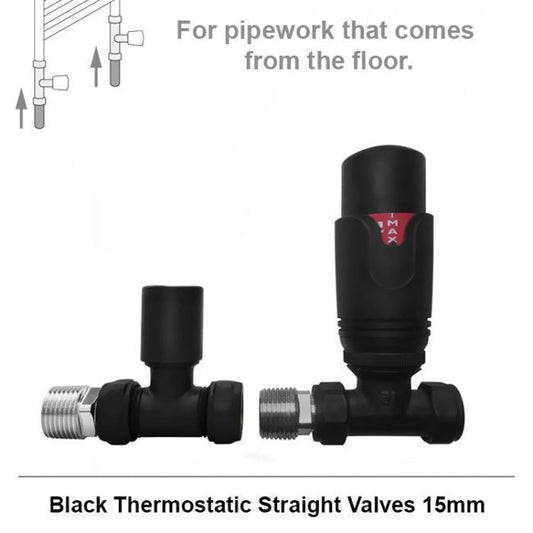 Standard Matt Black Straight Thermostatic Radiator Valves 15mm Pair