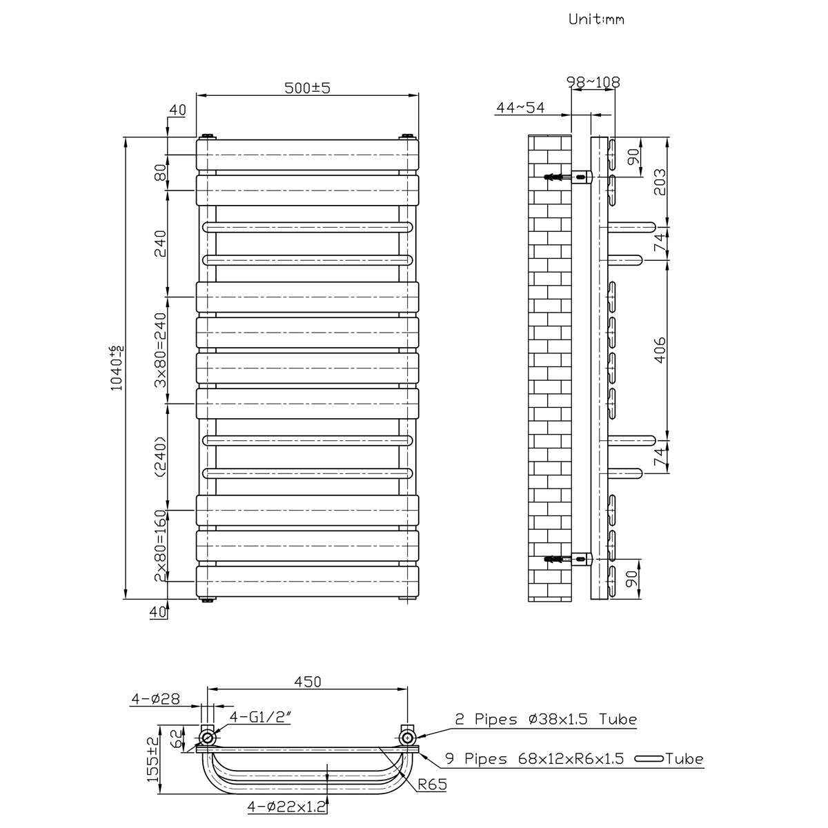 500 mm Wide  x 1000 mm High Designer Flat Gold Electric Heated Towel Rail Radiator With Towel Holders