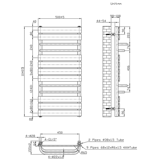 500mm Wide  x 1000 mm High Designer Flat Gold Heated Towel Rail Radiator With Towel Holders