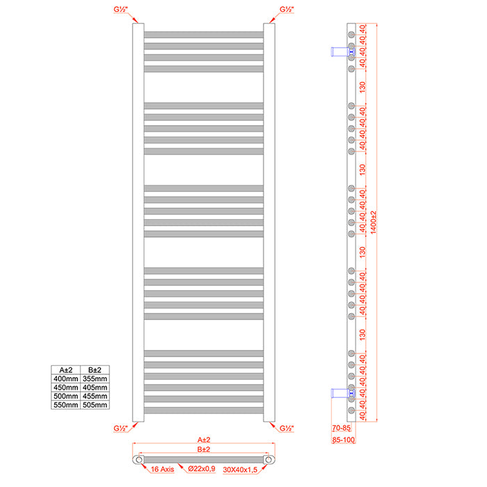 Matt Black Heated Towel Rail Radiator 600mm x 1400mm Straight