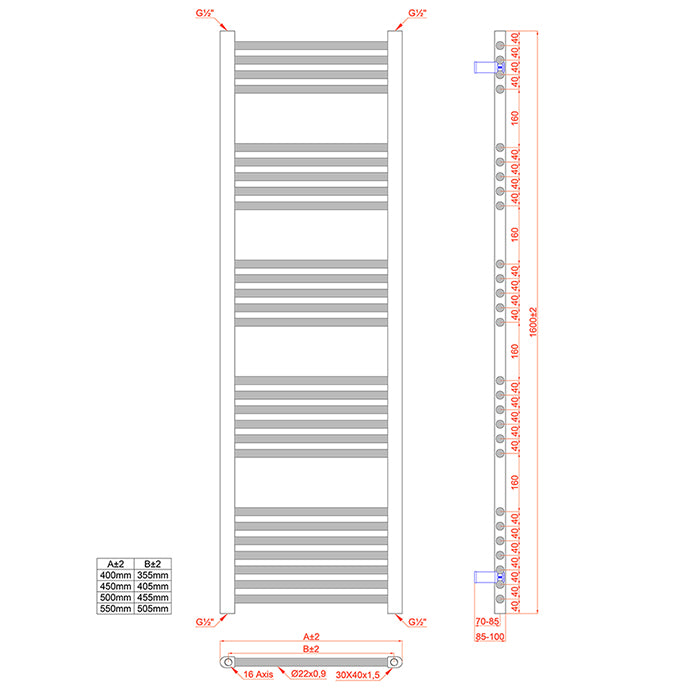 Matt Black Heated Towel Rail Radiator 550mm x 1600mm Straight