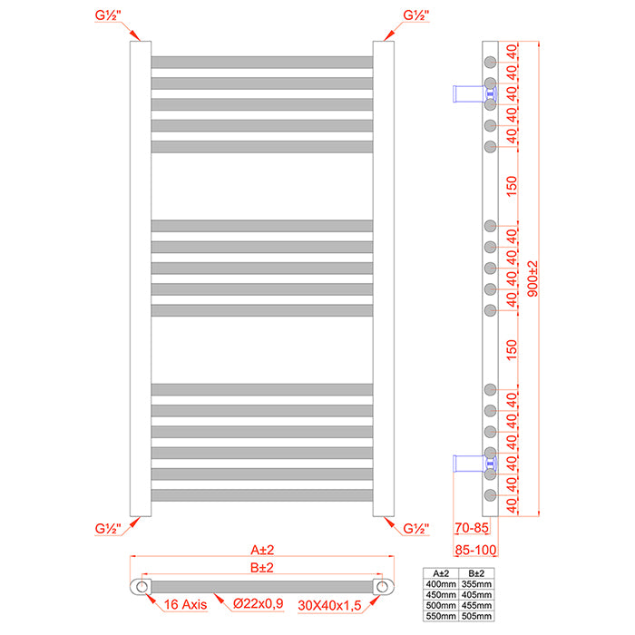 Matt Black Heated Towel Rail Radiator 350mm x 900mm Straight