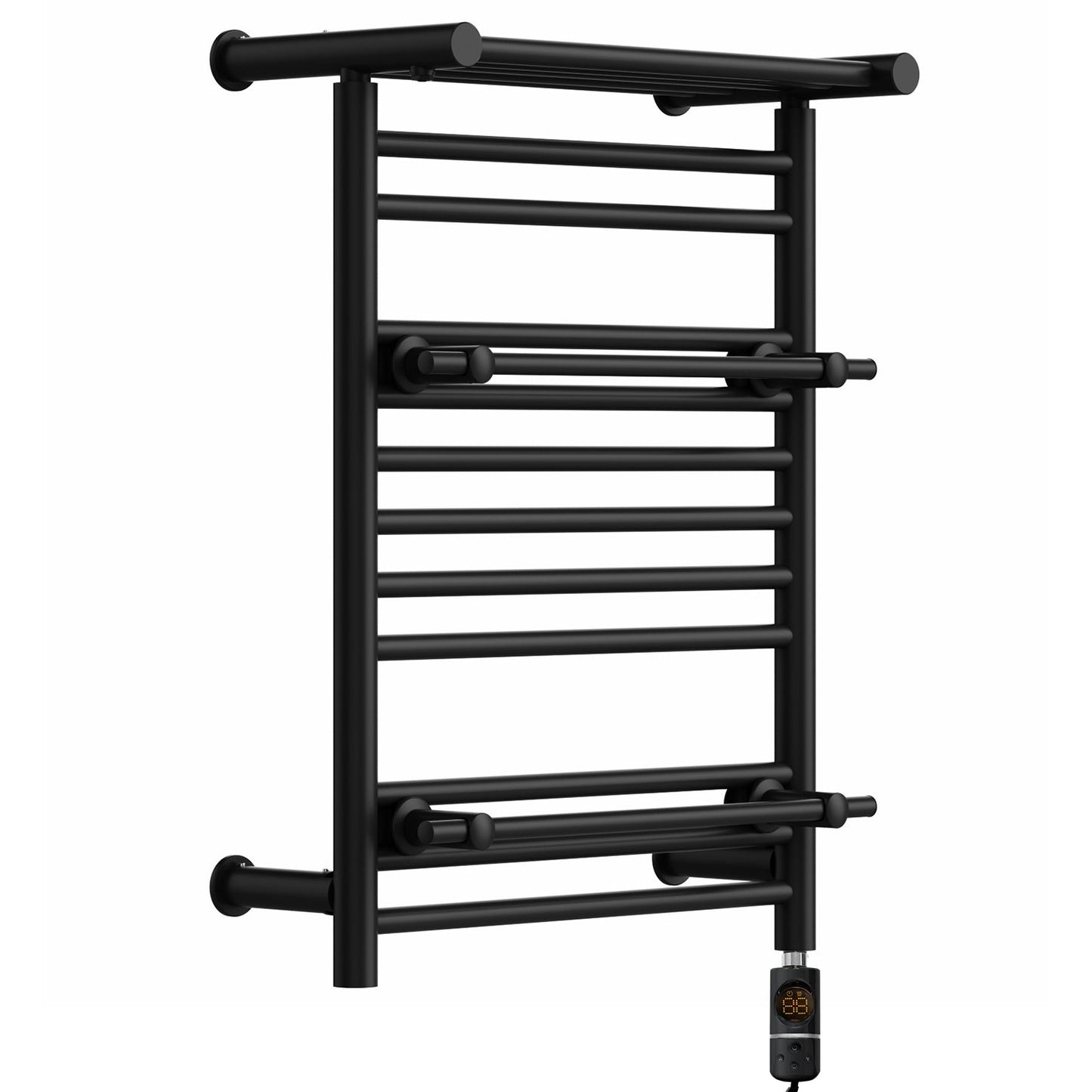 490 x 680mm Wide Black Electric Towel Rail Radiator Top Shelf & Two Towel Holder OSLO For Bathroom & Kitchen