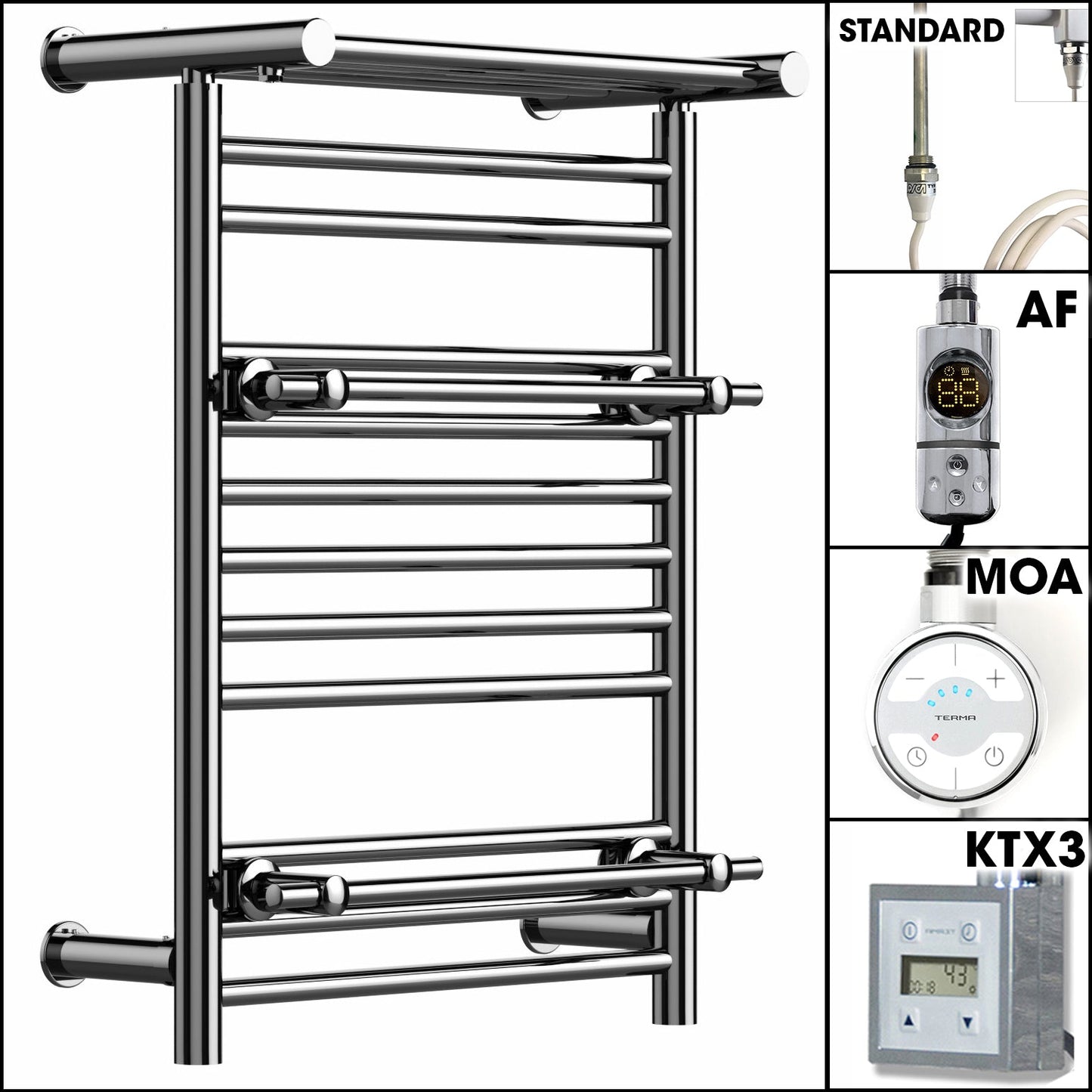 490 x 680mm Wide Chrome Electric Towel Rail Radiator Top Shelf & Two Towel Holder OSLO For Bathroom & Kitchen