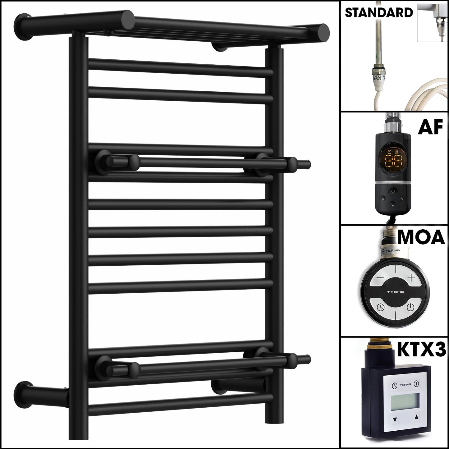 490 x 680mm Wide Black Electric Towel Rail Radiator Top Shelf & Two Towel Holder OSLO For Bathroom & Kitchen