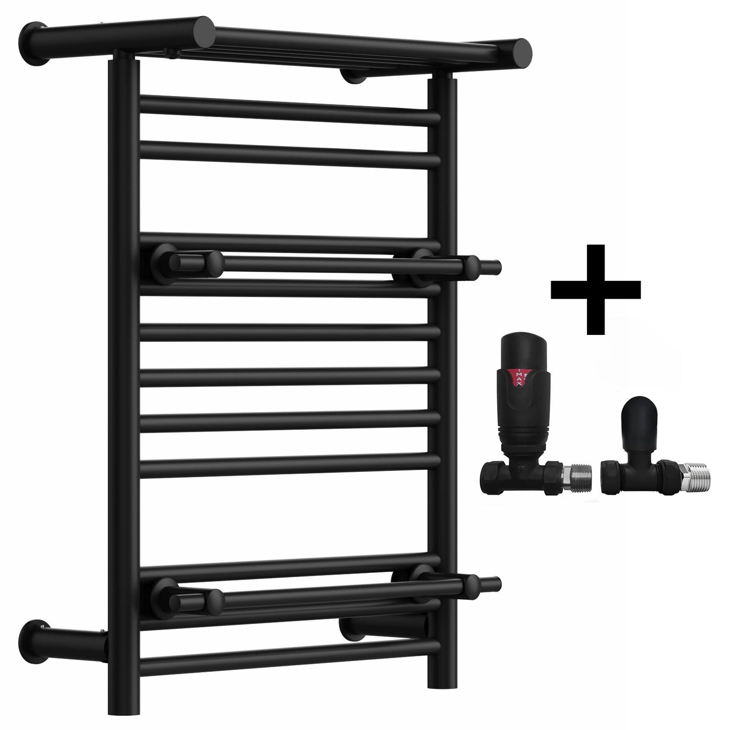 490 x 680mm Wide Black Heated Towel Rail Radiator Top Shelf & Two Towel Holder OSLO For Bathroom & Kitchen