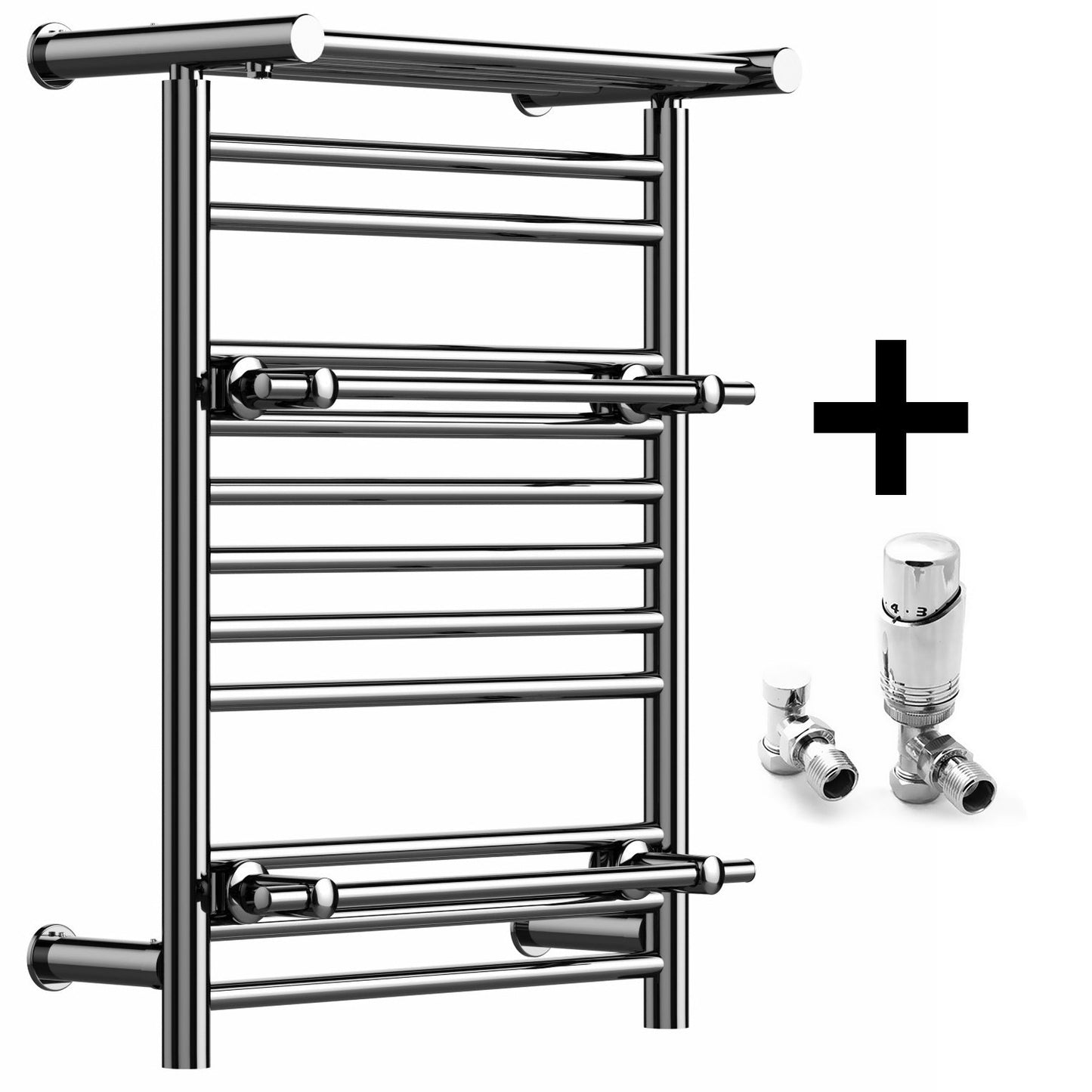 490 x 680mm Wide Chrome Heated Towel Rail Radiator Top Shelf & Two Towel Holder OSLO For Bathroom & Kitchen