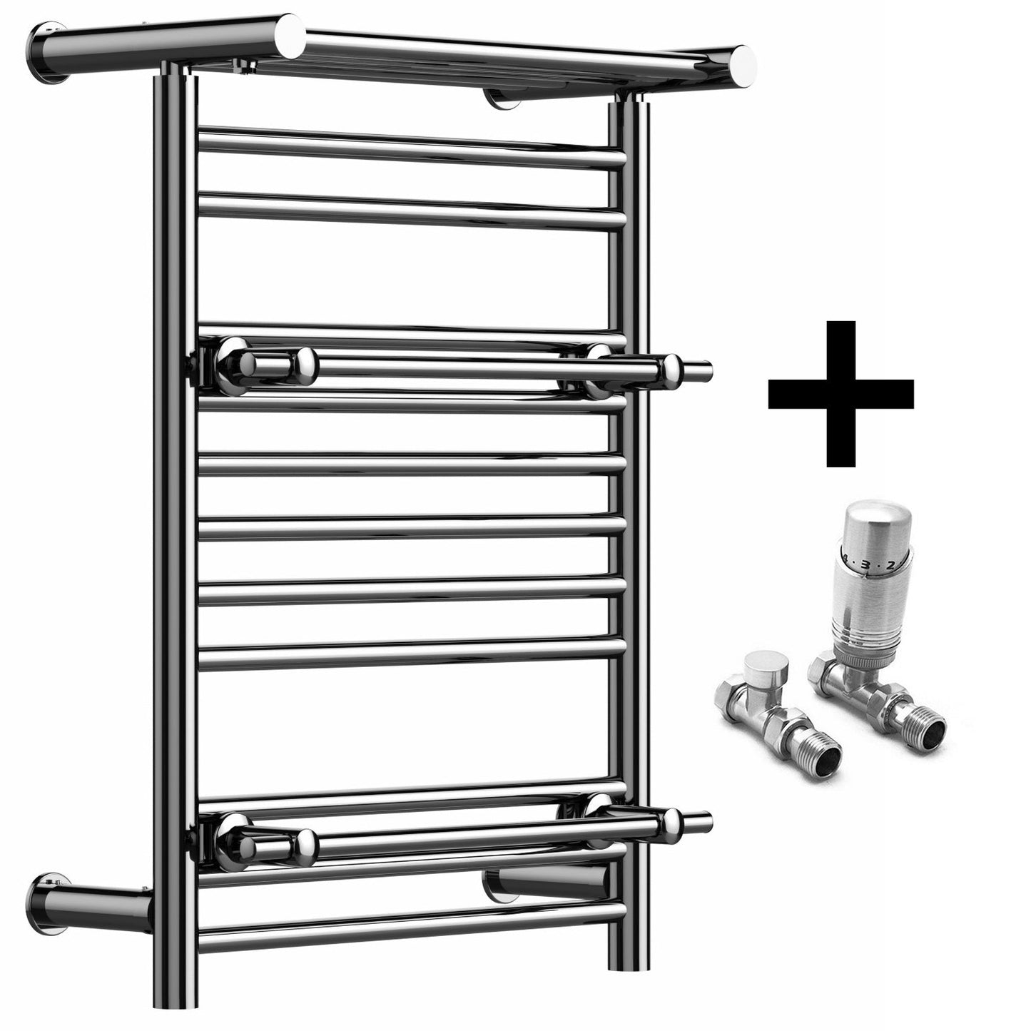 490 x 680mm Wide Chrome Heated Towel Rail Radiator Top Shelf & Two Towel Holder OSLO For Bathroom & Kitchen