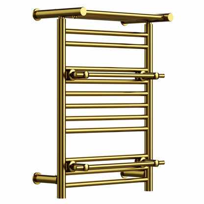 490mm Wide x 680mm Wide Gold Heated Towel Rail Radiator Top Shelf & Two Towel Holder OSLO For Bathroom & Kitchen