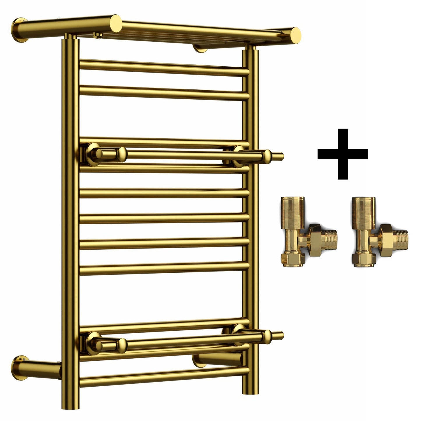 490mm Wide x 680mm Wide Gold Heated Towel Rail Radiator Top Shelf & Two Towel Holder OSLO For Bathroom & Kitchen