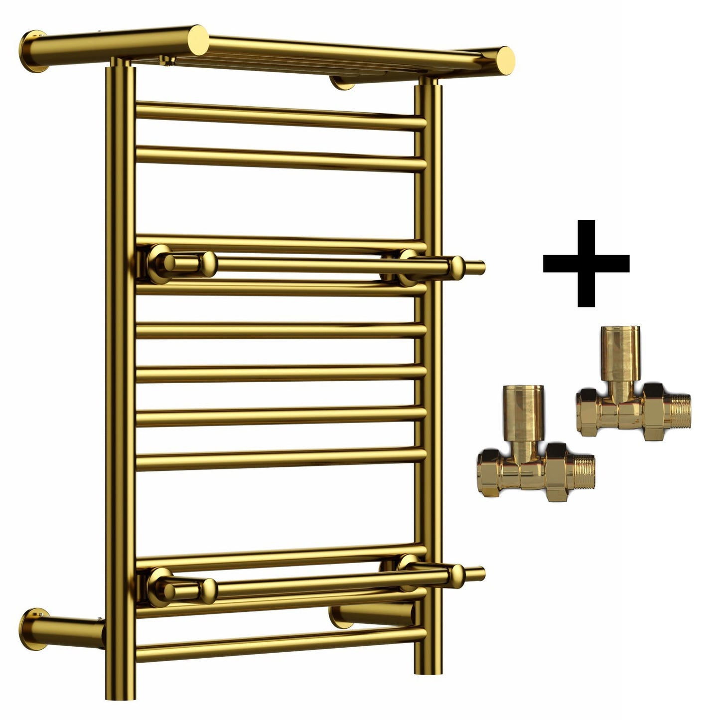 490mm Wide x 680mm Wide Gold Heated Towel Rail Radiator Top Shelf & Two Towel Holder OSLO For Bathroom & Kitchen