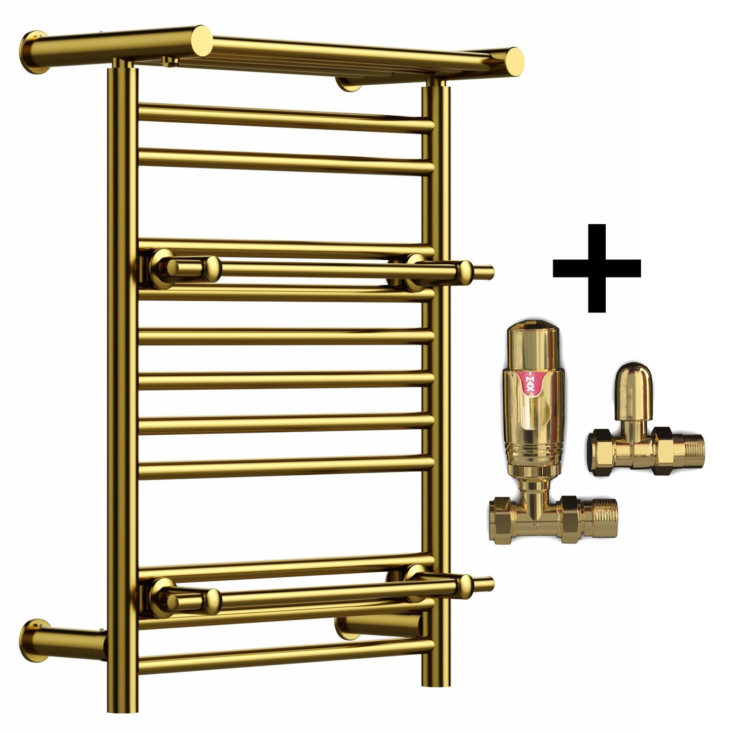 490mm Wide x 680mm Wide Gold Heated Towel Rail Radiator Top Shelf & Two Towel Holder OSLO For Bathroom & Kitchen