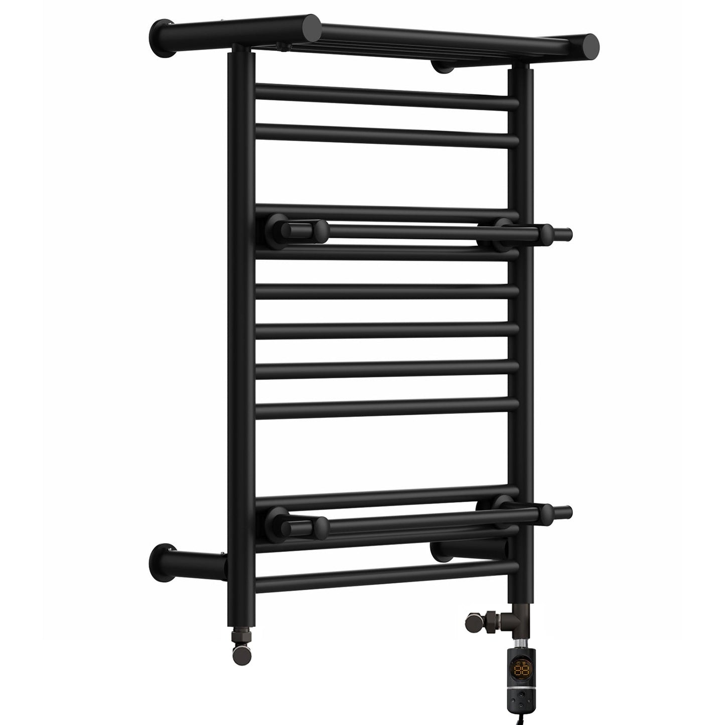 490 x 680mm Dual Fuel Black Towel Rail Radiator Top Shelf & Two Towel Holder OSLO For Bathroom & Kitchen