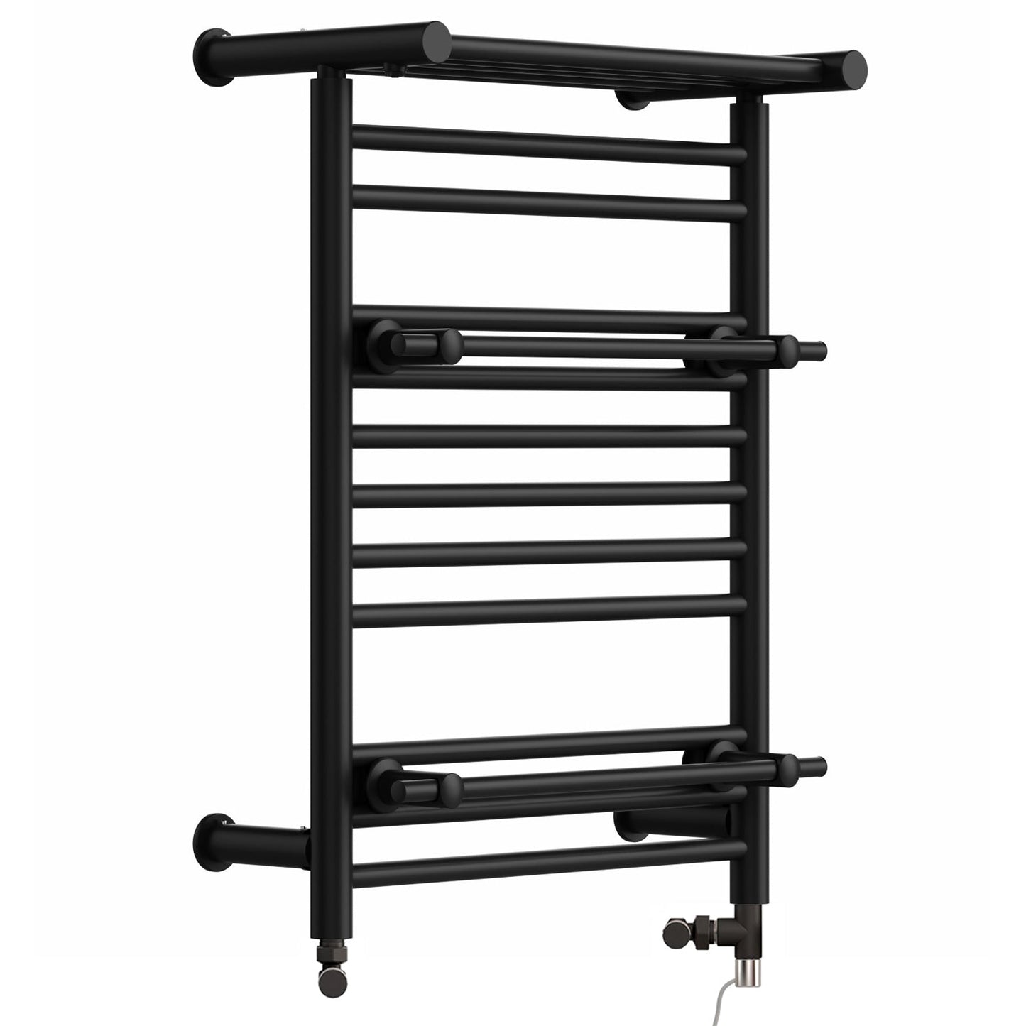 490 x 680mm Dual Fuel Black Towel Rail Radiator Top Shelf & Two Towel Holder OSLO For Bathroom & Kitchen