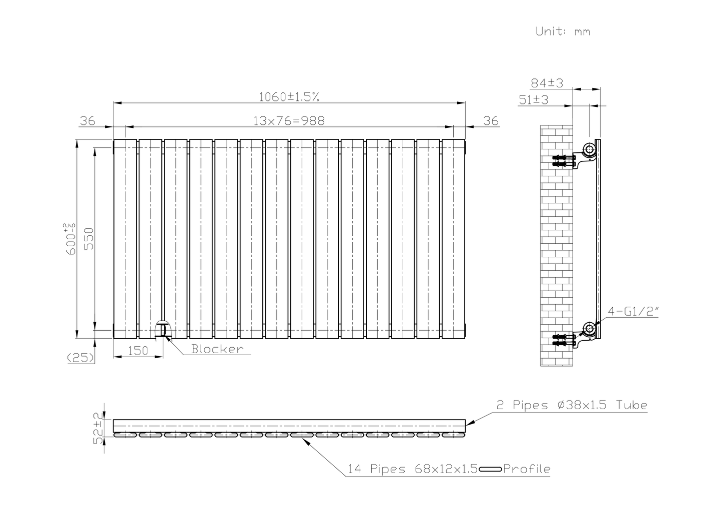 Designer 1060mm x 600mm Anthracite Gray Horizontal Single Flat Panel Radiator, 2503 BTU