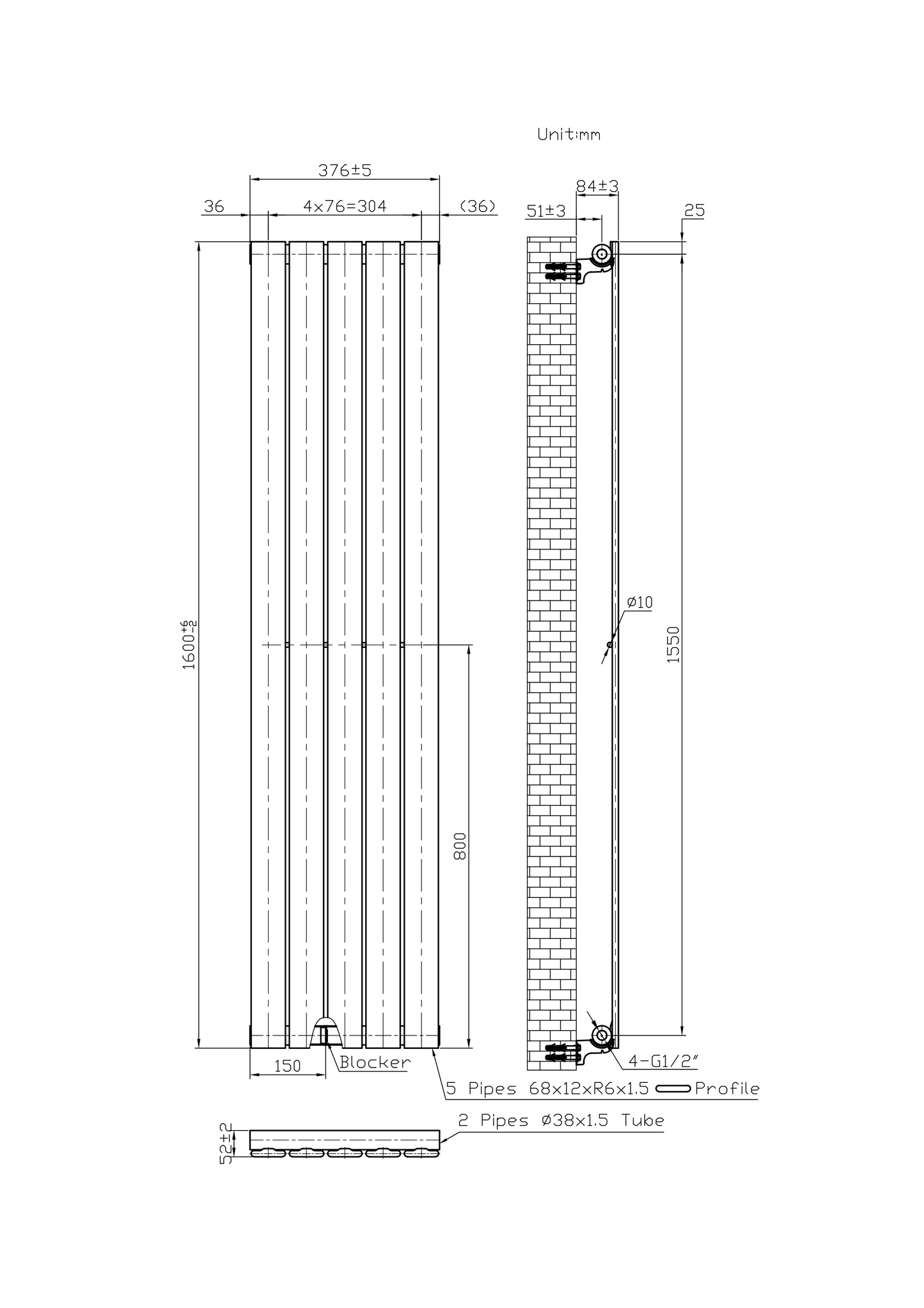 Designer 376mm x 1600mm Black Vertical Single Flat Panel Radiator, 2131 BTU