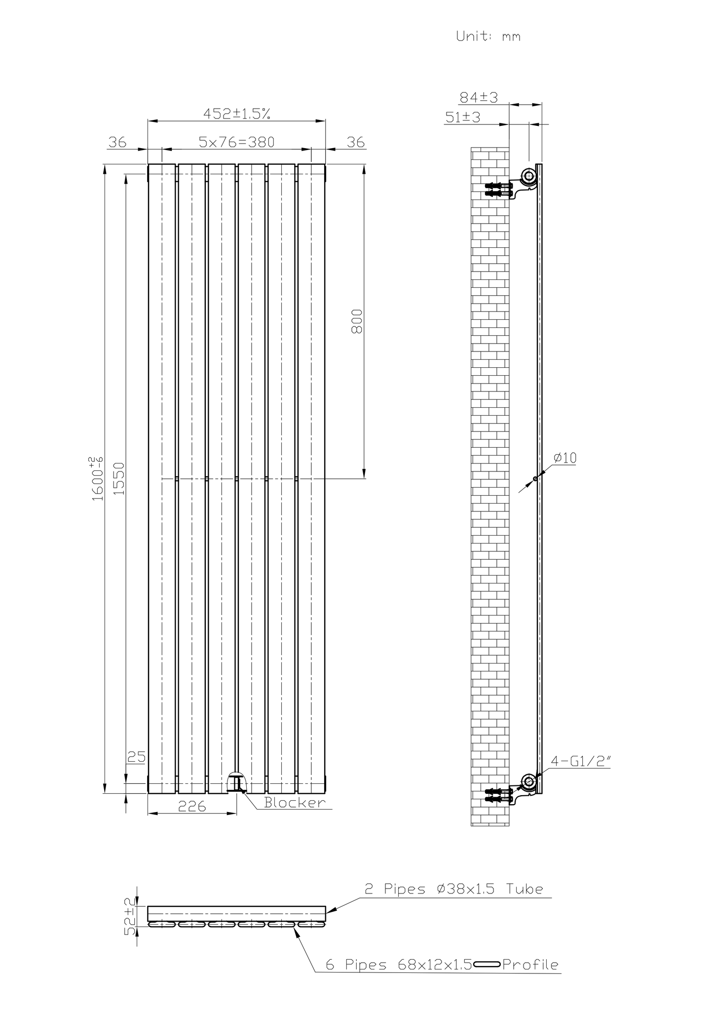 Designer 452mm x 1600mm Black Vertical Single Flat Panel Radiator, 2558 BTU