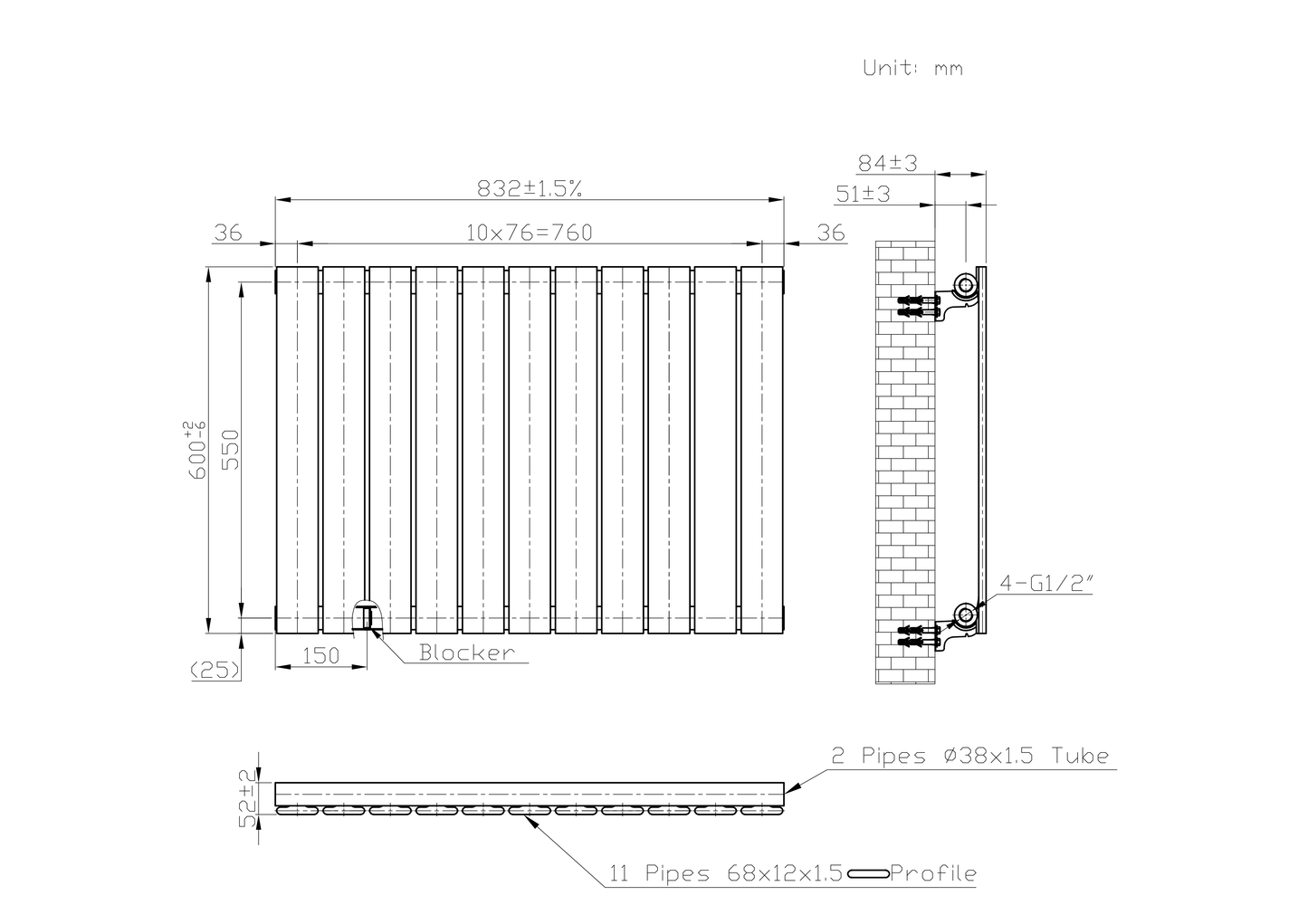 Designer 832mm x 600mm Anthracite Gray Horizontal Single Flat Panel Radiator, 1964 BTU