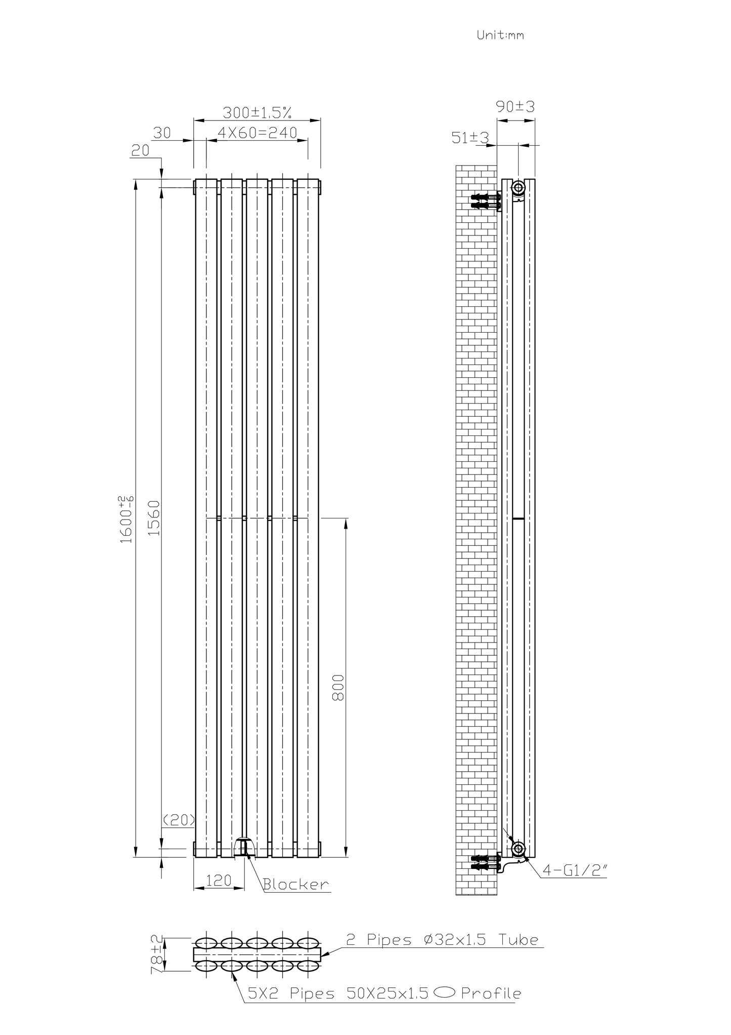 Designer 300mm x 1600mm Anthracite Gray Vertical Double Column Radiator, 3291 BTU