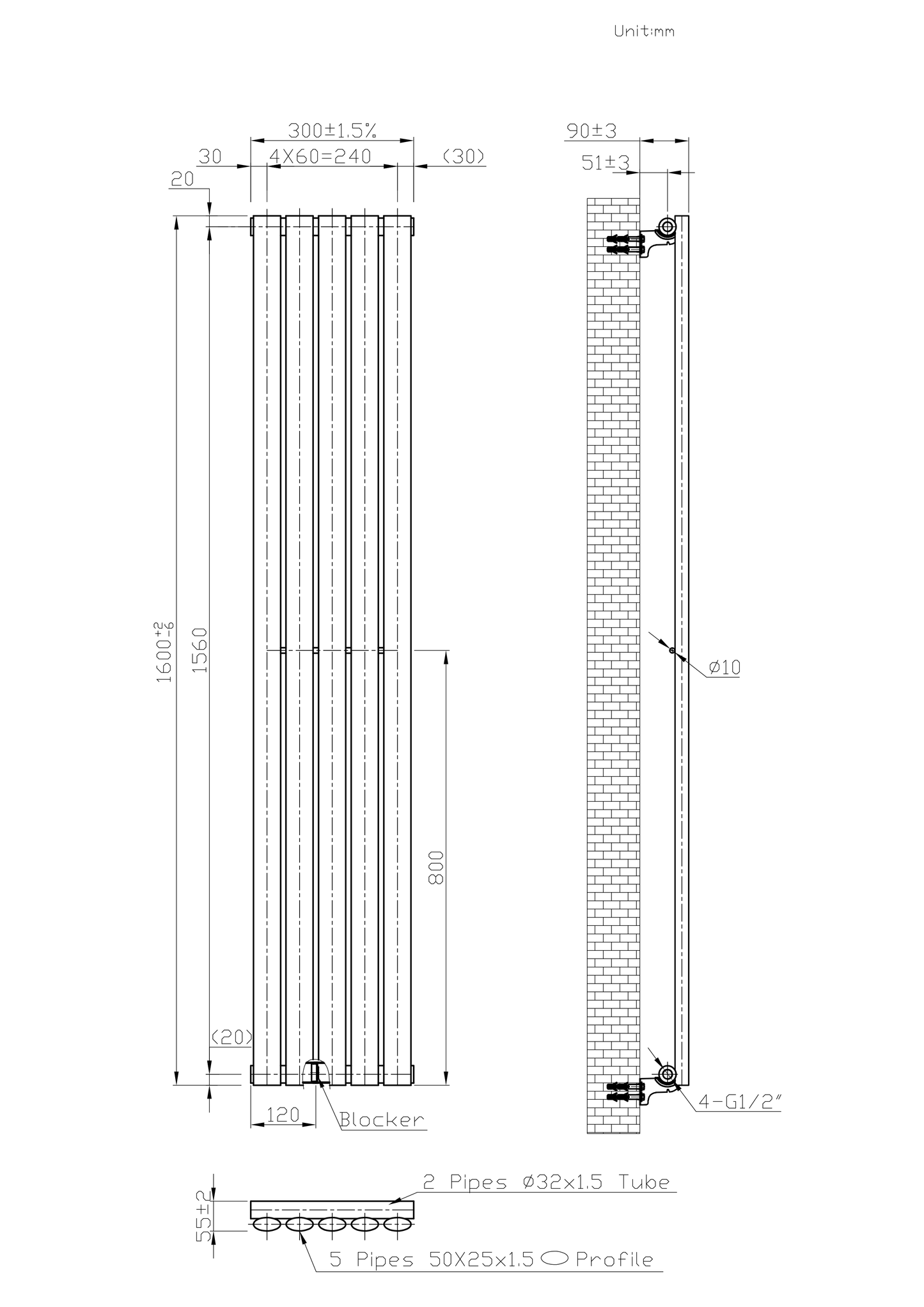 Designer 300mm x 1600mm Black Vertical Single Column Radiator, 1695 BTU