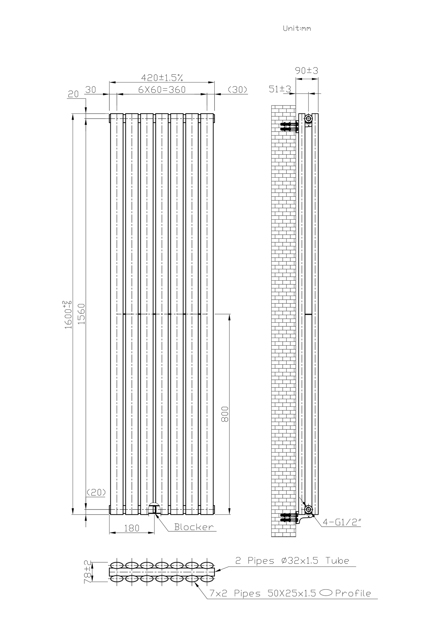 Designer 420mm x 1600mm White Vertical Double Column Radiator, 4607 BTU