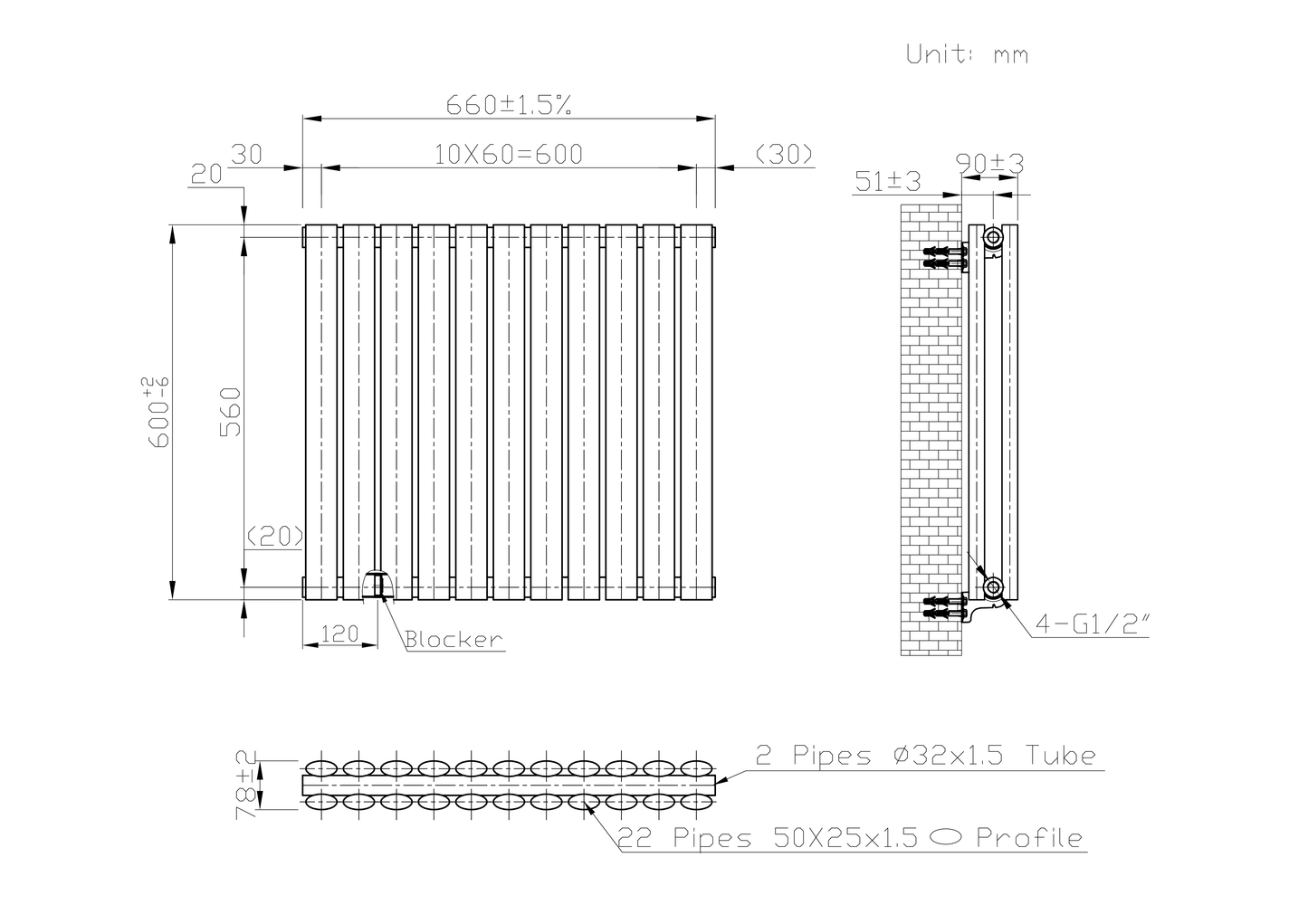 Designer 660mm x 600mm Black Horizontal Double Column Radiator, 2851 BTU