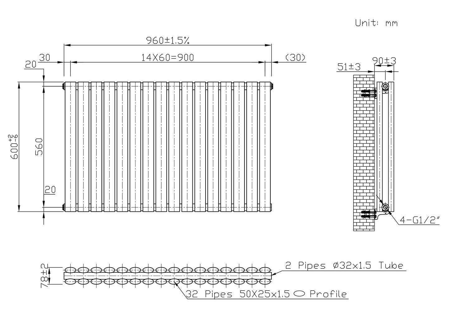 Designer 960mm x 600mm Black Horizontal Double Column Radiator, 4147 BTU