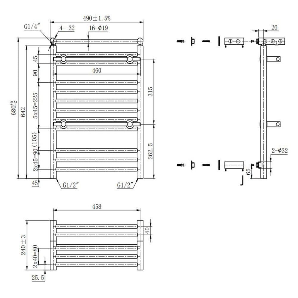 490mm Wide x 680mm Wide Gold Heated Towel Rail Radiator Top Shelf & Two Towel Holder OSLO For Bathroom & Kitchen