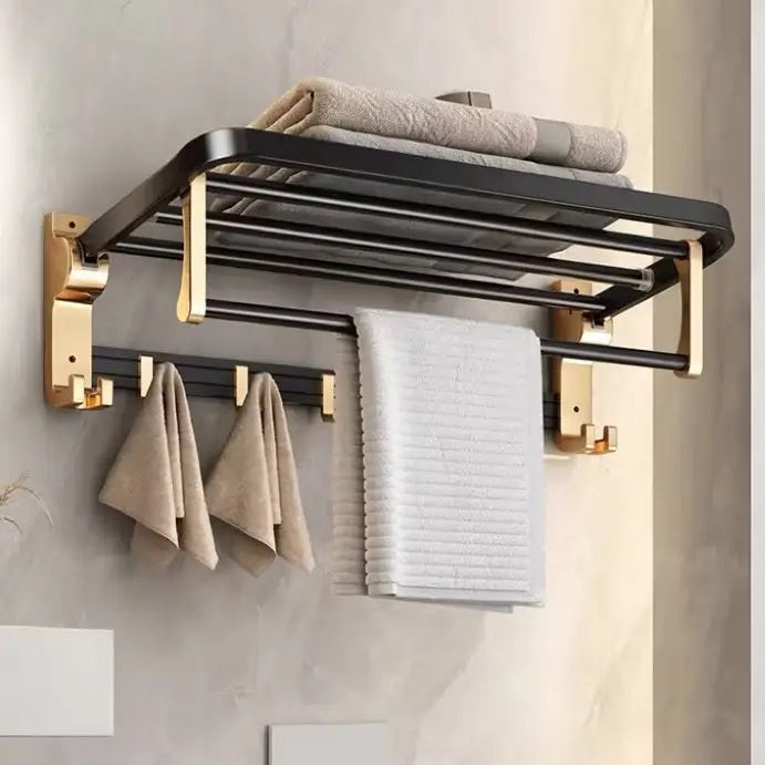 Gold Towel Rail Holder Luxury Wall Mounted Rack Shelf For Bathroom Adjustable Hooks