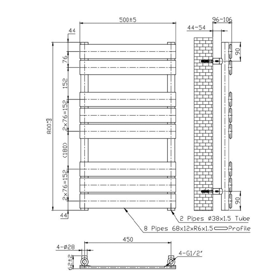 500mm Wide  x 800mm High Gold Heated Towel Rail Panel Bathroom Radiator