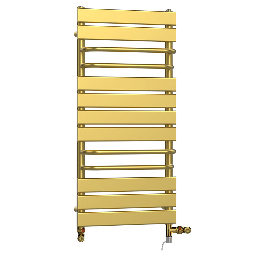 500mm Wide x 1000mm Dual Fuel Designer Flat Gold Towel Rail Radiator With Towel Holders